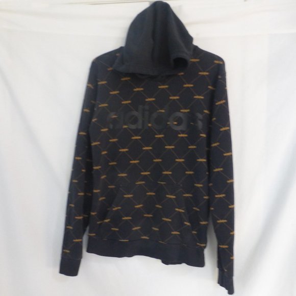 ADIDAS, black graphic hooded sweatshirt with gold Adidas print design, small EUC